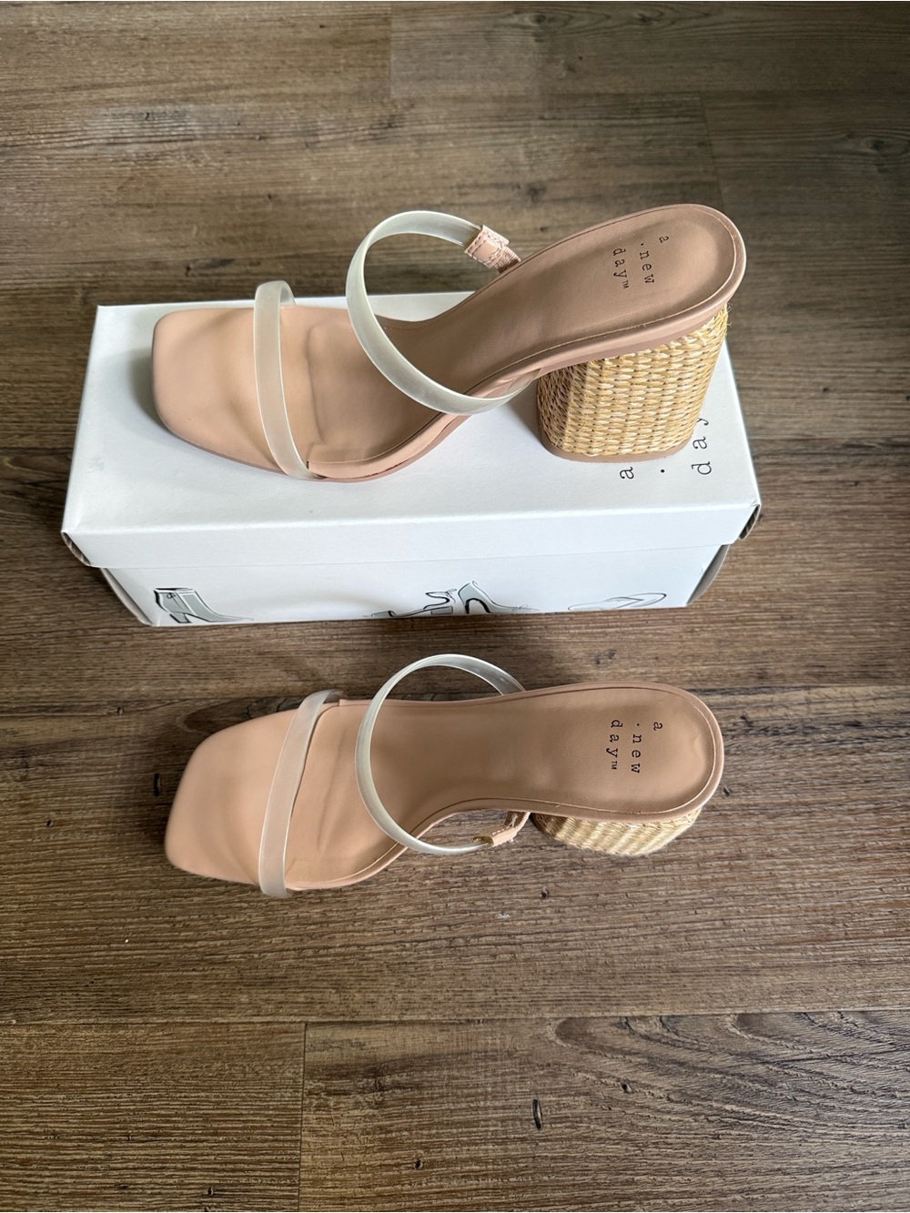 A New Day Clear Strap Nude/Raffia Block Heel Sandals - - Picture 2 of 5